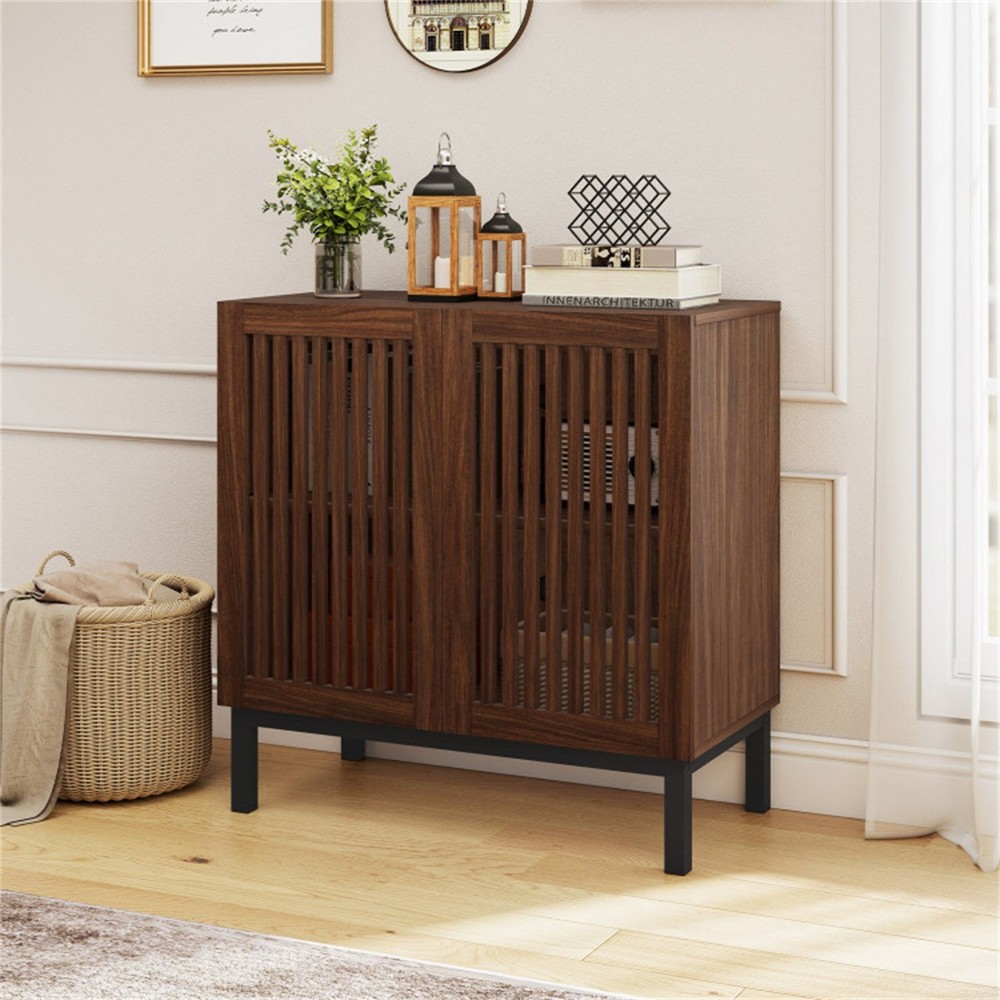 32" Farmhouse Sideboard Buffet Cabinet 2 Doors Adjustable Shelf Walnut Black