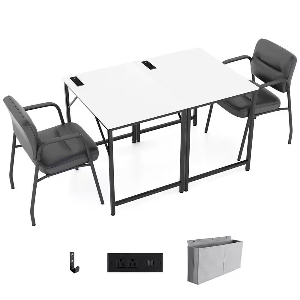 2-Pieces 32 In. Rectangular White Wood Desk with Charging Station Storage Bag an