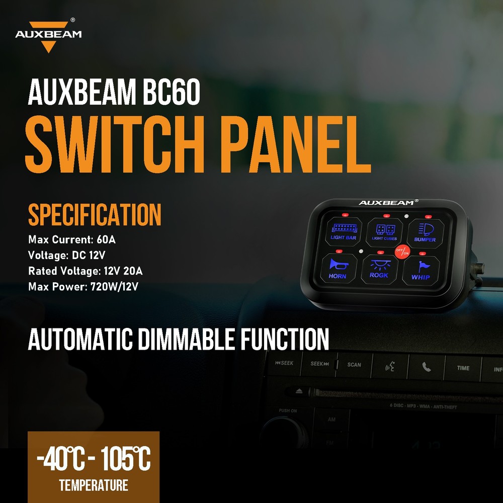 Auxbeam 6 Gang Switch Panel BC60 Universal LED Circuit Control Box Relay System