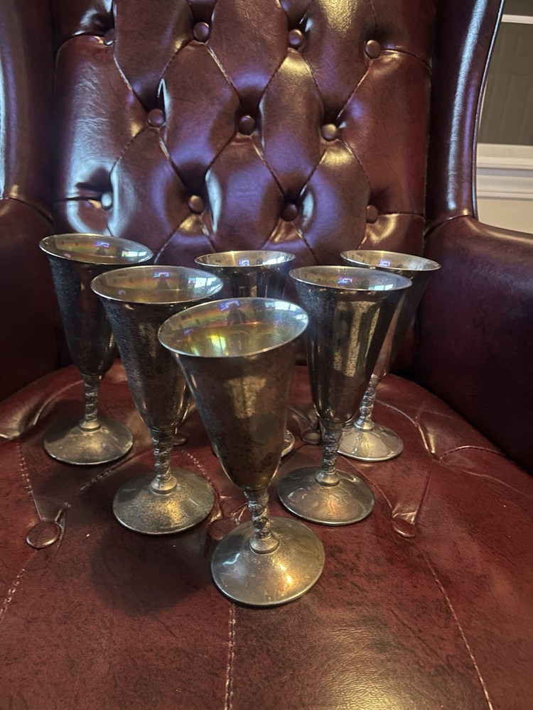 Spanish Silver Plated Wine Brandy Goblets Twisted Grapevine Stem X6 - Plator