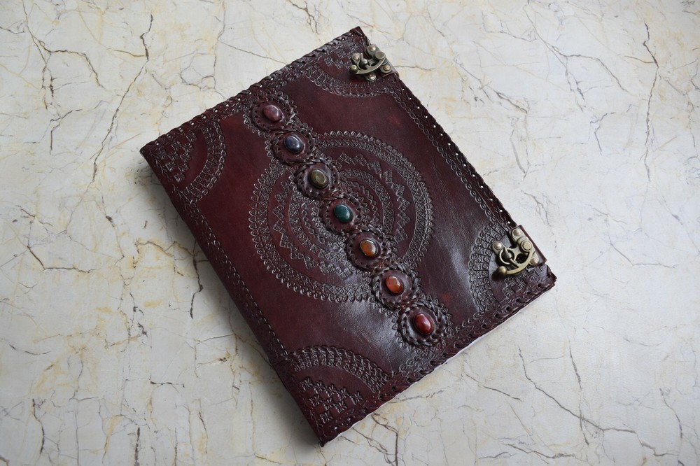Seven Chakra Stone Embossed Leather Journal Book Diary Sketch Notebook