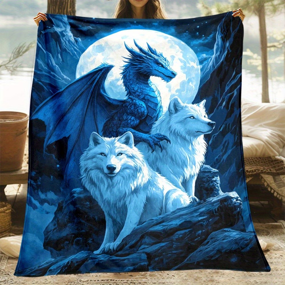 Dragon And Wolf Fleece Throw Blanket