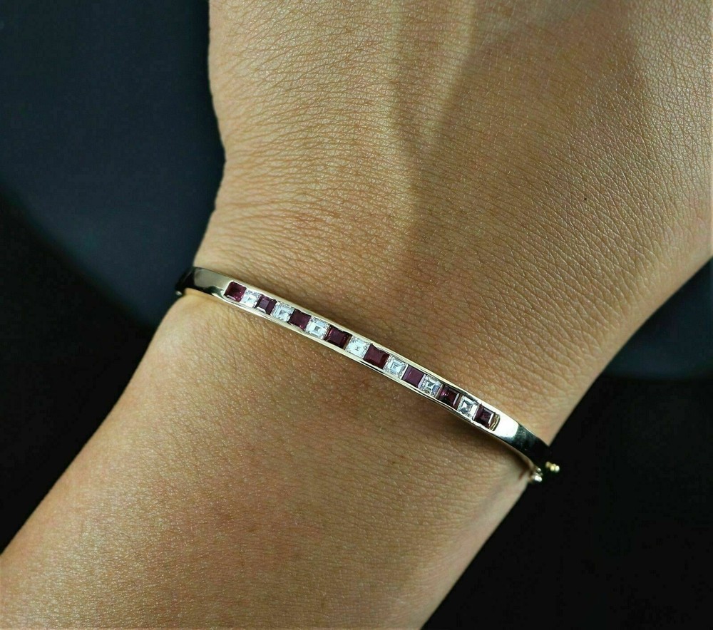 4CT Princess Simulated Ruby & Diamond Bangle Bracelet 14K Yellow Gold Plated