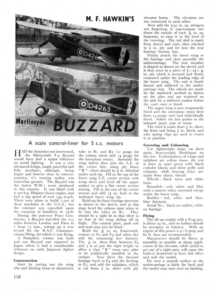 Model Airplane Plans (UC): MARTINSYDE BUZZARD 32" Wingspan Scale for .5cc Engine