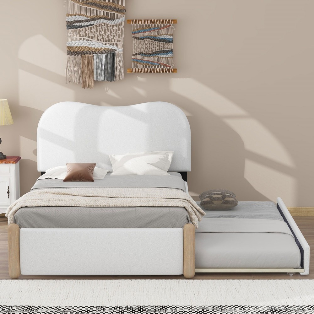 Twin/Full Size Bed Frame Upholstered Platform Bed Frame with Twin Size Trundle