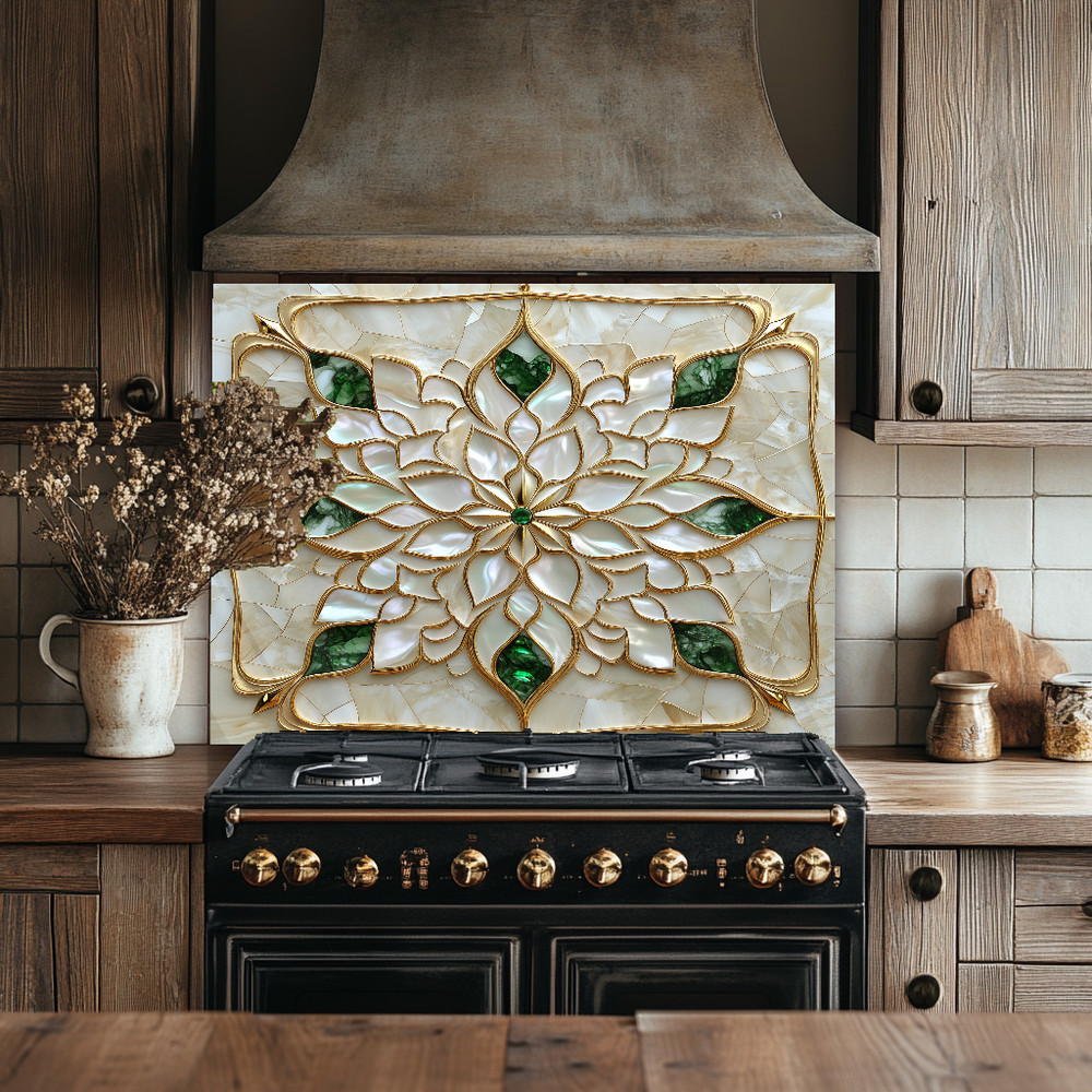 Tempered Glass Kitchen Backsplash, Gold Indian Pattern Stove Guard, US Made