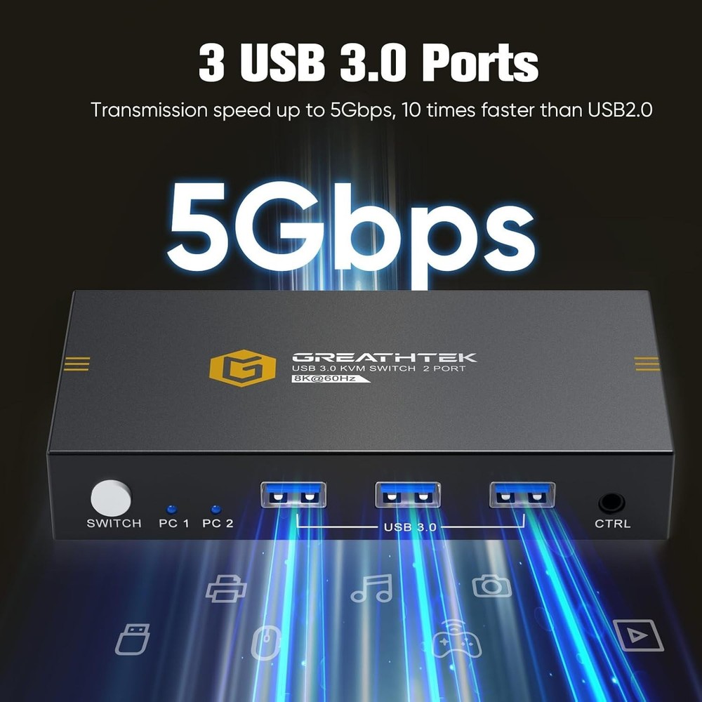 Seamless 8K@60Hz KVM Switch for 2 PCs: Button & Remote Control - Compact Design