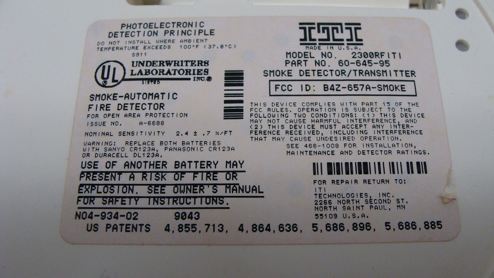 ITI 60-645-95 Smoke Sensor 2300RFITI SYSTEM SENSOR 2300 RF