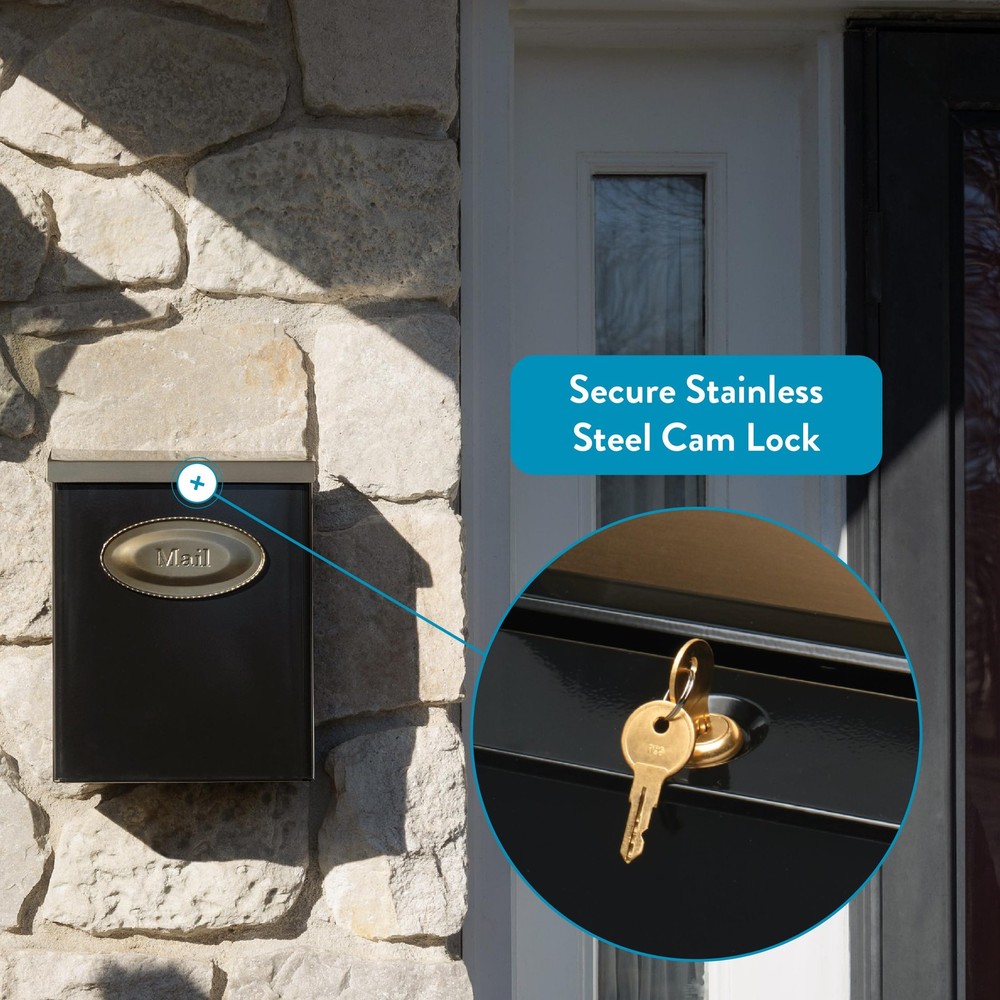 Locking Vertical Wall-Mounted Mailbox, Modern Metal, Black with Optional Emblem