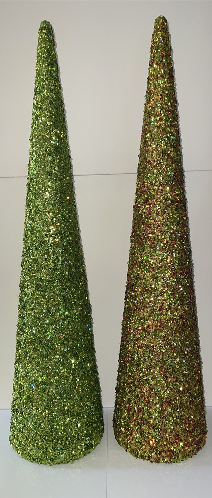2 Sequins & Beads Holiday Cone Topiary Multi Colored & Christmas Green 32” Each