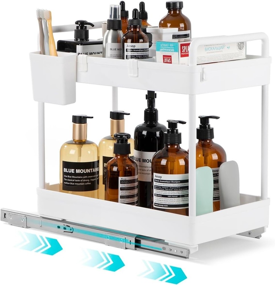 2 Tier Under Sink Organizers And Storage With Sliding Track Black/White