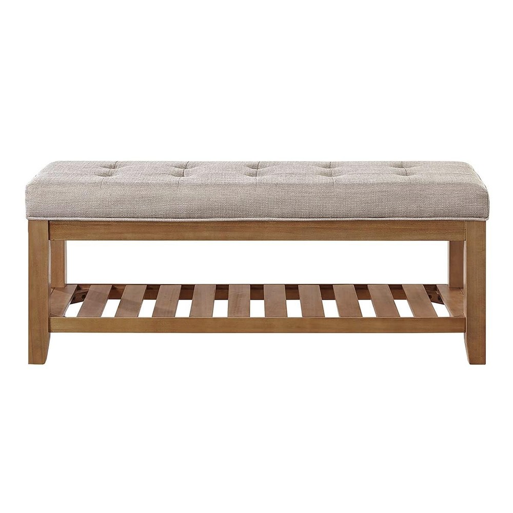 Large Rectangular Upholstered Tufted Linen Fabric Ottoman Bench, Padded Bench...