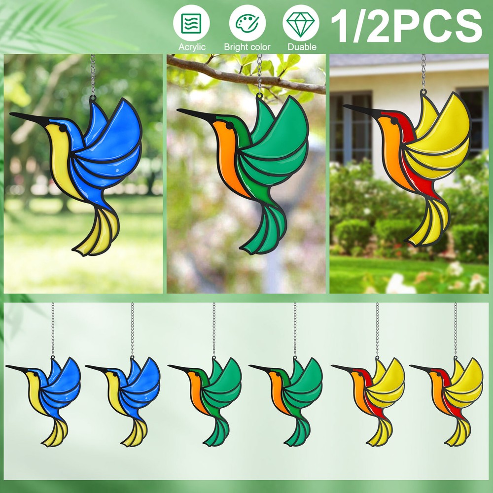 1/2Pcs Stained Hummingbird Panel Suncatcher Birds Window Hanging Pendant Decor