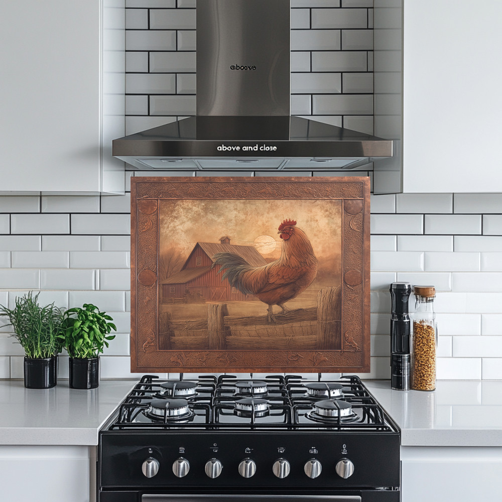 Copper Embossed Look Mediterranean Rooster Glass Backsplash • Rustic Kitchen