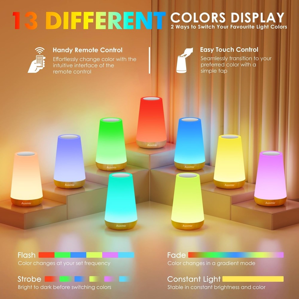 Night Light Bedside Lamp Touch and Remote Control Dimmable Tabletop 13 RGB Co...