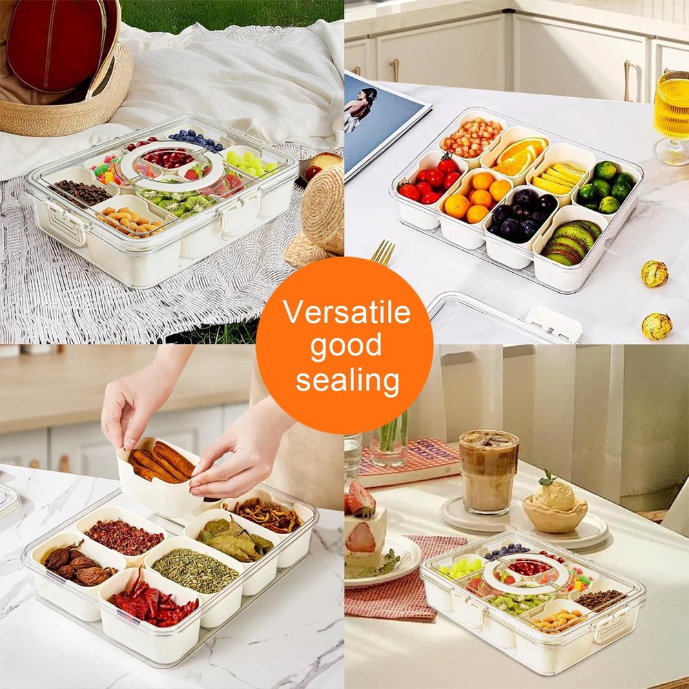 Snackle Box Container, Divided Serving Tray with Lid 8 Compartments, white