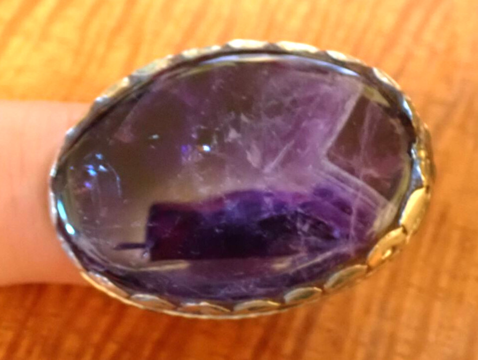 BIG Oval Phantom Dream Amethyst Crystal Silver Ring. adjustable