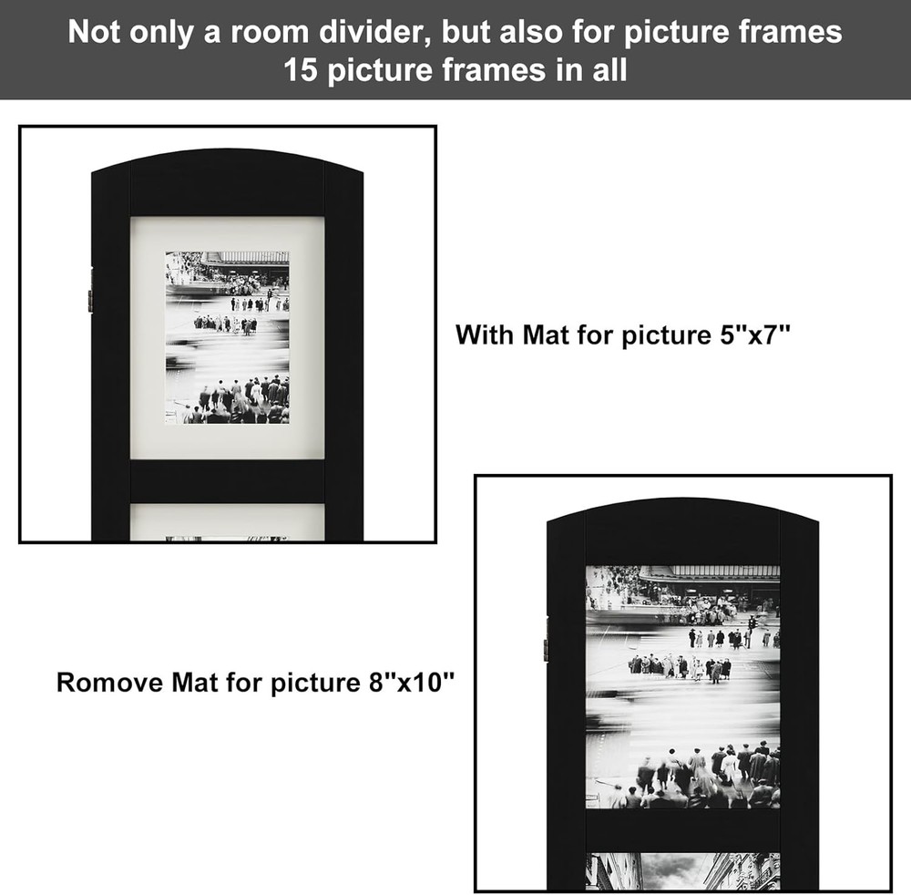 Three-panel photo screen, solid wood partition, black.