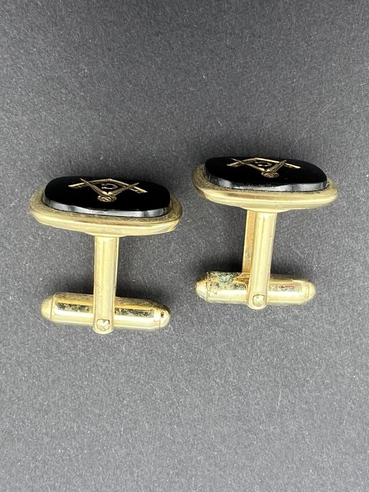 Vintage Masonic Black and Gold Tone Rectangle Cufflinks