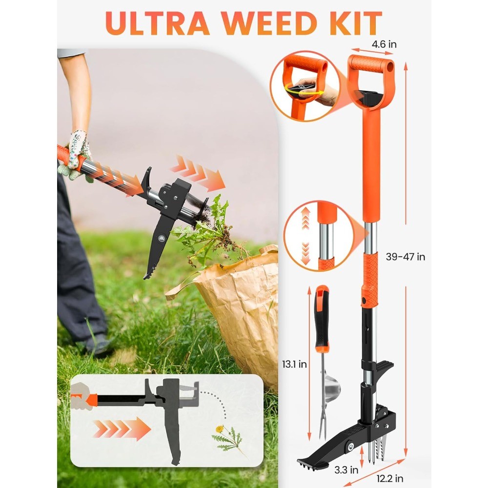 2-Pack Stand Up Weed Puller Tool Set with Adjustable Handle, Quick Eject