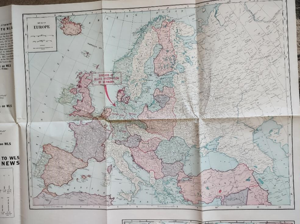 Vintage 1945 WLS WWII PACIFIC WAR Two-Sided MAP w/Original Envelope