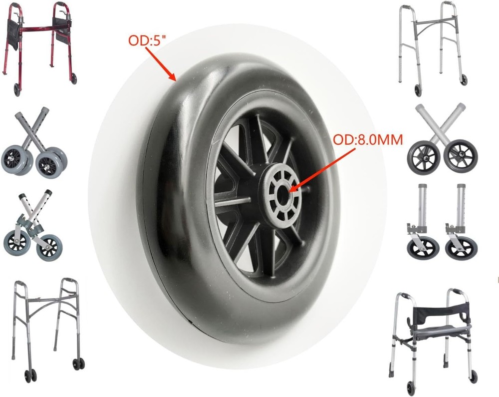 Universal Walker replacement wheels,5”Caster Wheels,Axle 5 inches, Black