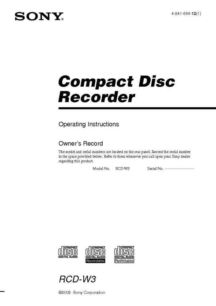 Sony RCD-W3 CD Recorder Owners Manual