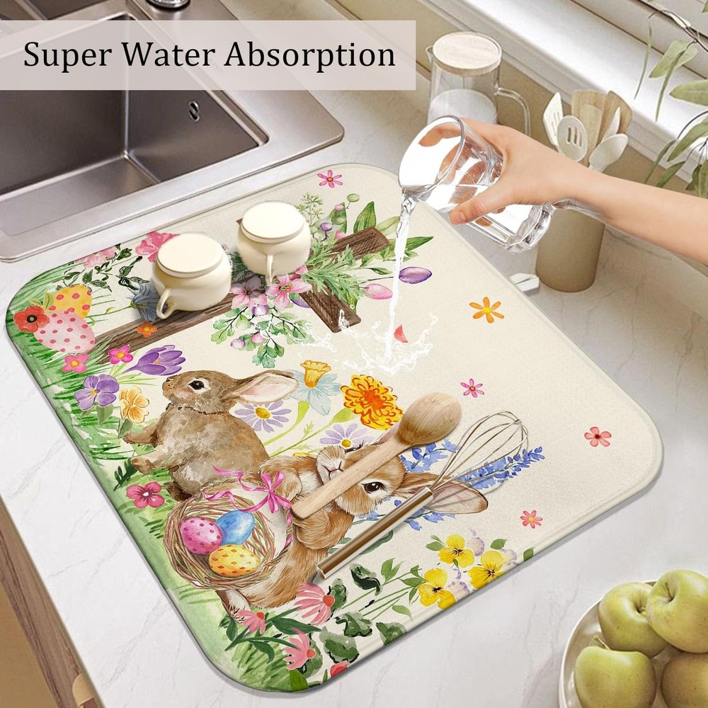 Easter Dish Drying Mat for Kitchen Counter,Cute Bunny Spring Florals Microfib...