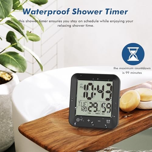 Waterproof Shower Clock Timer, Bathroom Clock with Countdown, Touch Black