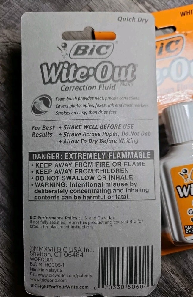 2- Bic Wite Out Correction Fluid W/foam Brush Quick Dry