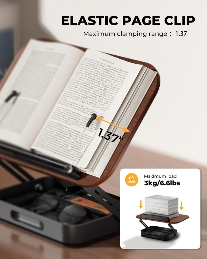 Adjustable Book Stand for Reading with Storage – 360° Rotating Base Height Ad...