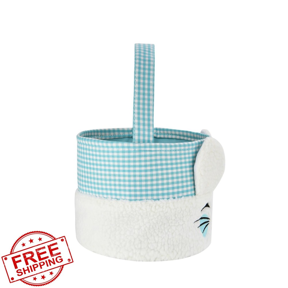 Blue Plush Easter Bunny Basket with Handle for Egg Hunts Candy