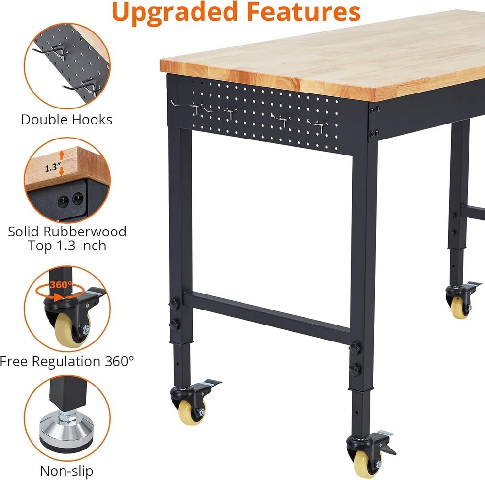 Workbench 60x 22" Worktable Work Bench Mobile Workstation w/Power Outlets Wheels