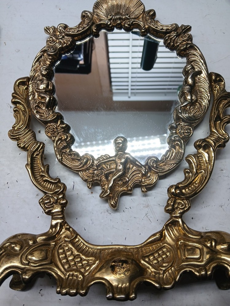 Tabletop brass mirror adjustable decorative looking glass cherub deco rococo sty