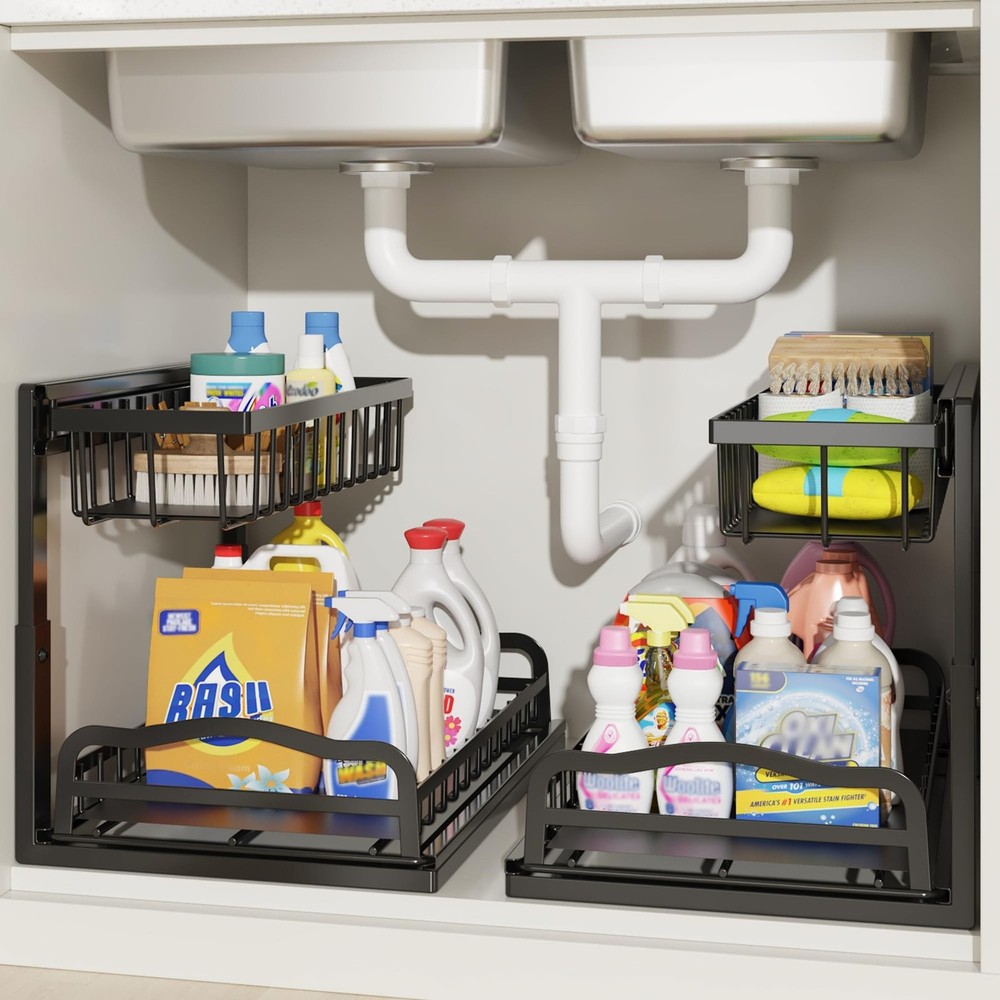 AceMining Under Sink Organizer 2 Pack, L-Shaped 2 Tier Pull Out Cabinet Organ...