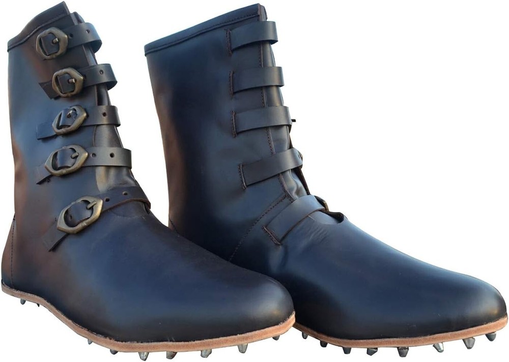 Medieval Leather Boot Pair Black Five Buckle up leather boot footwear Pair
