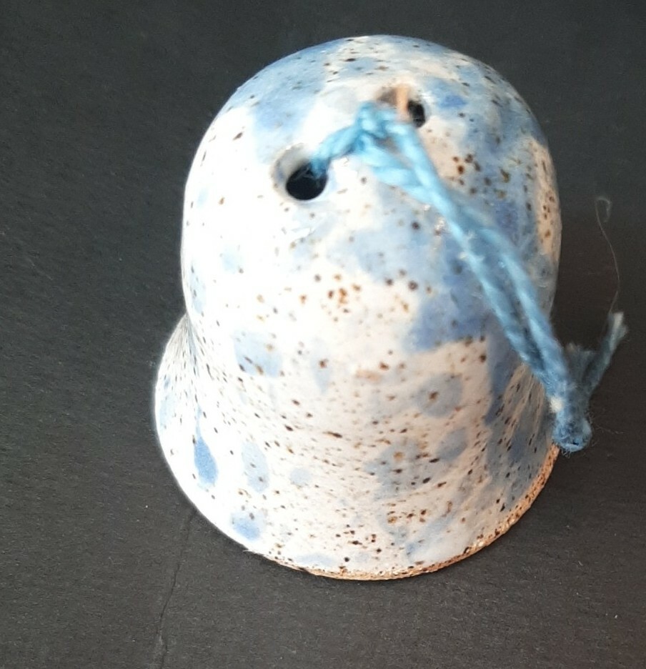 Studio Art Pottery Bell Rustic Miniature blue tan Ornament