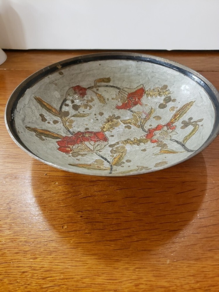 Commodore India Enameled Solid Brass Pedestal Bowl Floral