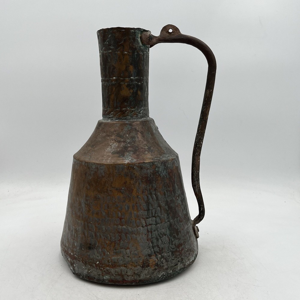 Antique Primitive Arts & Crafts Hammered Hand Raised Copper Pitcher 14''H
