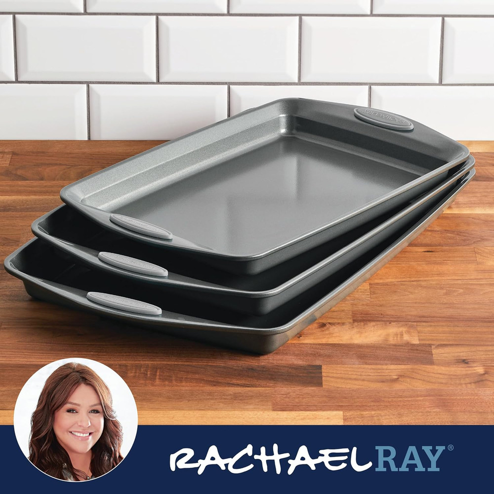 Nonstick Bakeware Set with Grips - 3 Piece Gray Cookie Sheets