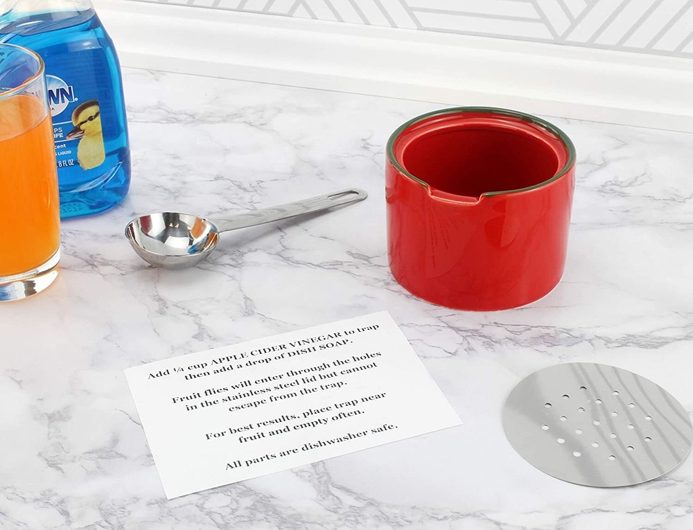 Fruit Fly Traps 2pk; Empty Ceramic Red Fly Gnat Catchers w/ Vented Lids