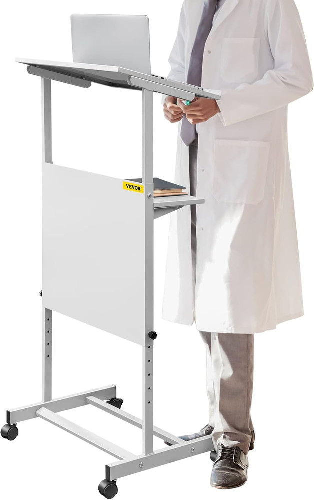 Height Adjustable Portable Lectern with Wheels & Storage for Classroom & Events