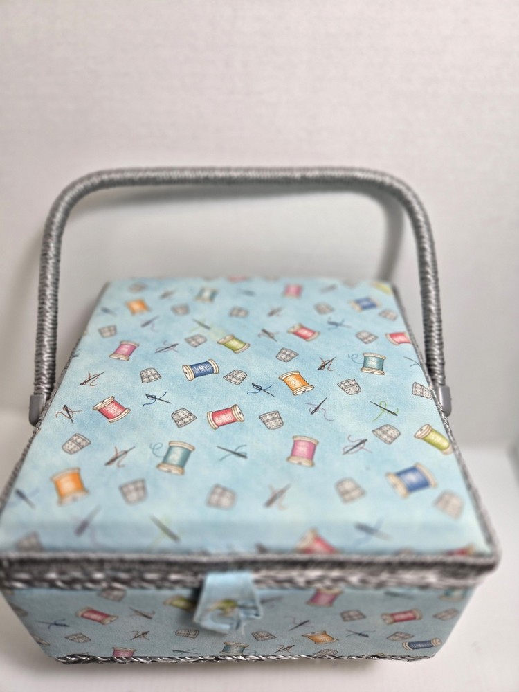 DRITZ ADORABLE CLOTH COVERED HANDLED SEWING BOX 9X9X5