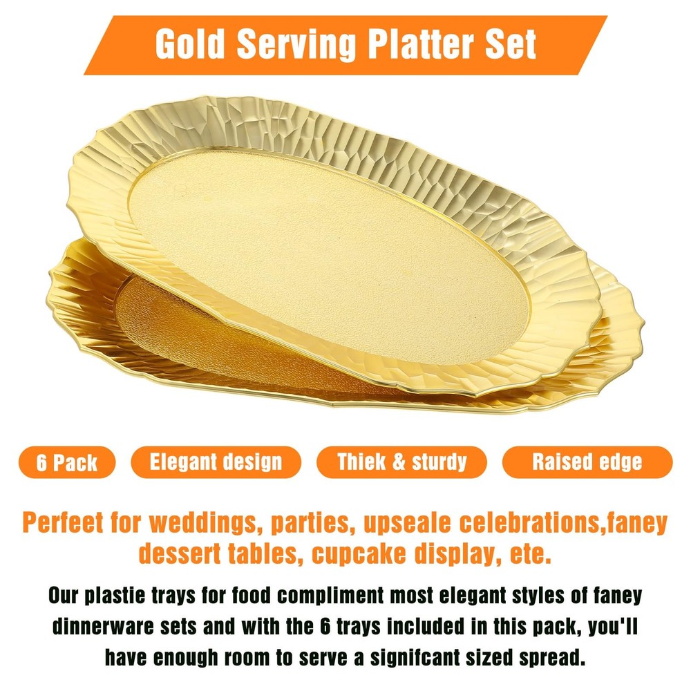Afcabakila 6 Pack Plastic Serving Tray Set, Gold Rectangular Serving Platters...