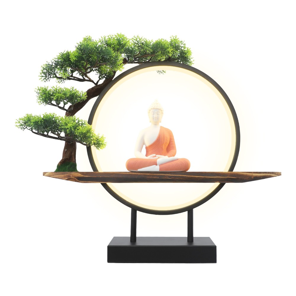 Desktop Decorative Buddha Statue Ornament With LED Circle Lamp+Artificial Tree