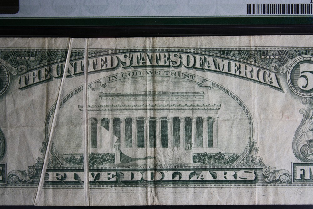 1981A $5 Dollar Bill Dual Gutter Fold Error PMG VF30. LOOK***