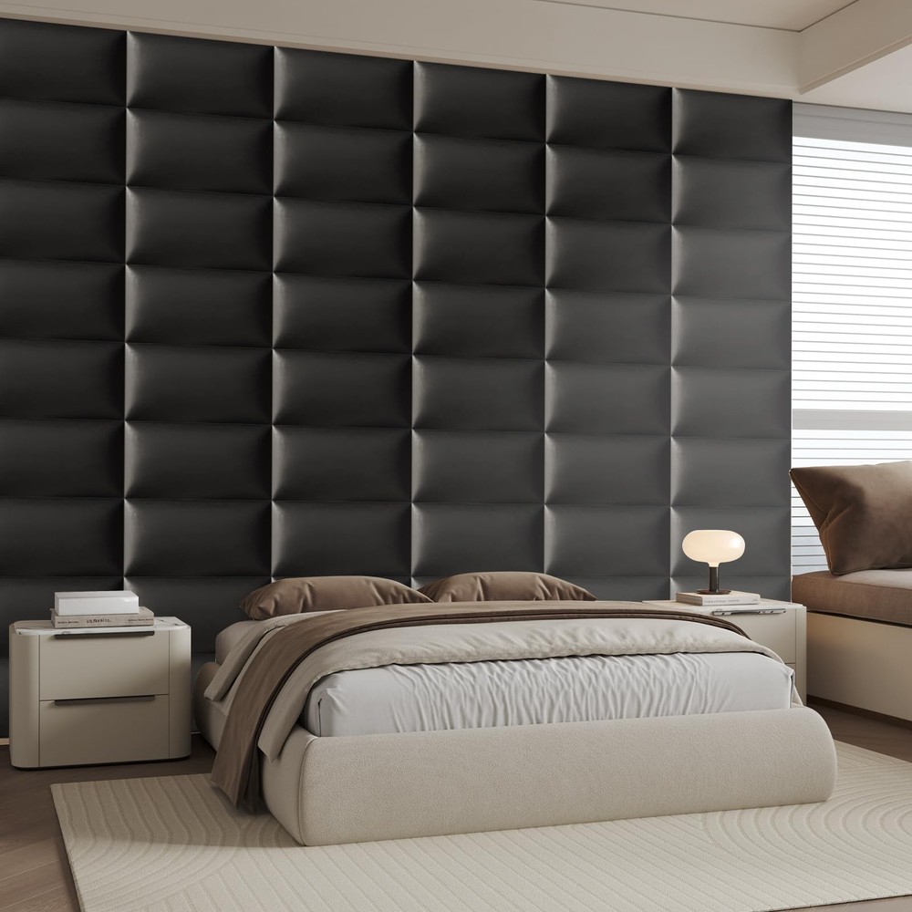 Black Stick-On Wall Mounted Headboard - 6-Piece Modular Bed Backboard for Que...