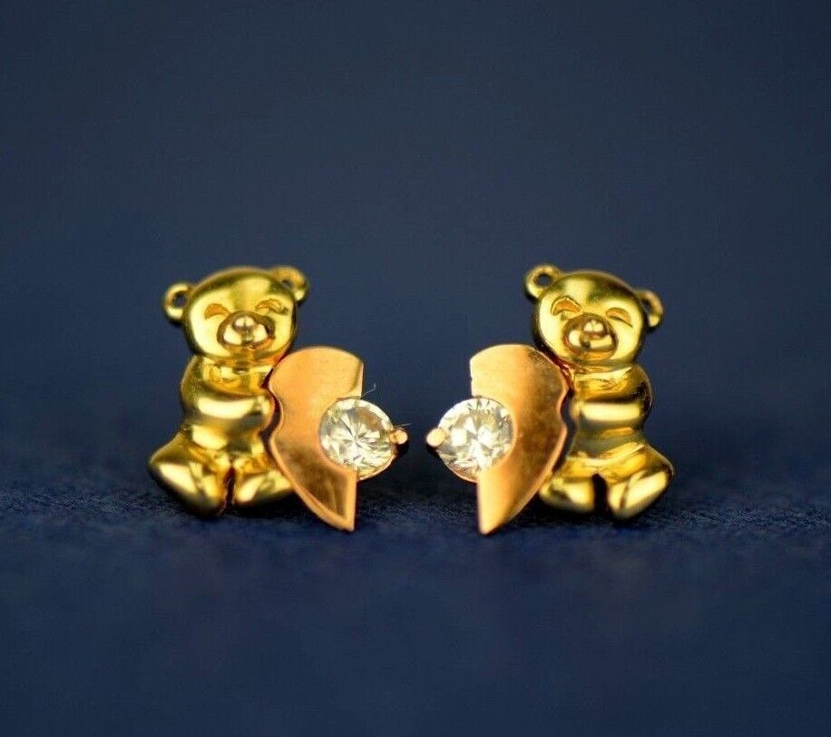 14k Yellow Gold CZ Heart Bear Stud Earring