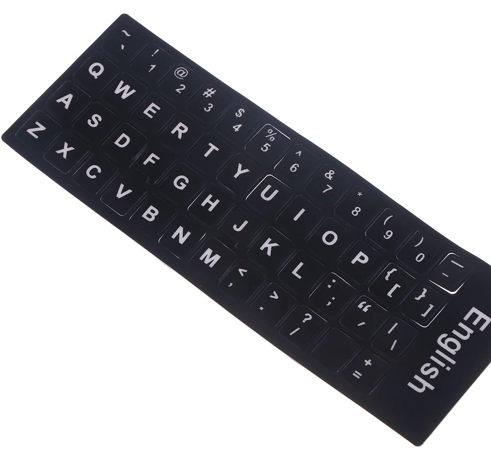 Replacement US English Keyboard Stickers - White on Solid Black, Durable