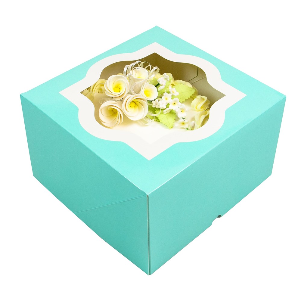 Auto-Popup Extra Sturdy & Deep Square Cake Box with Window Designer Blue 12 x...